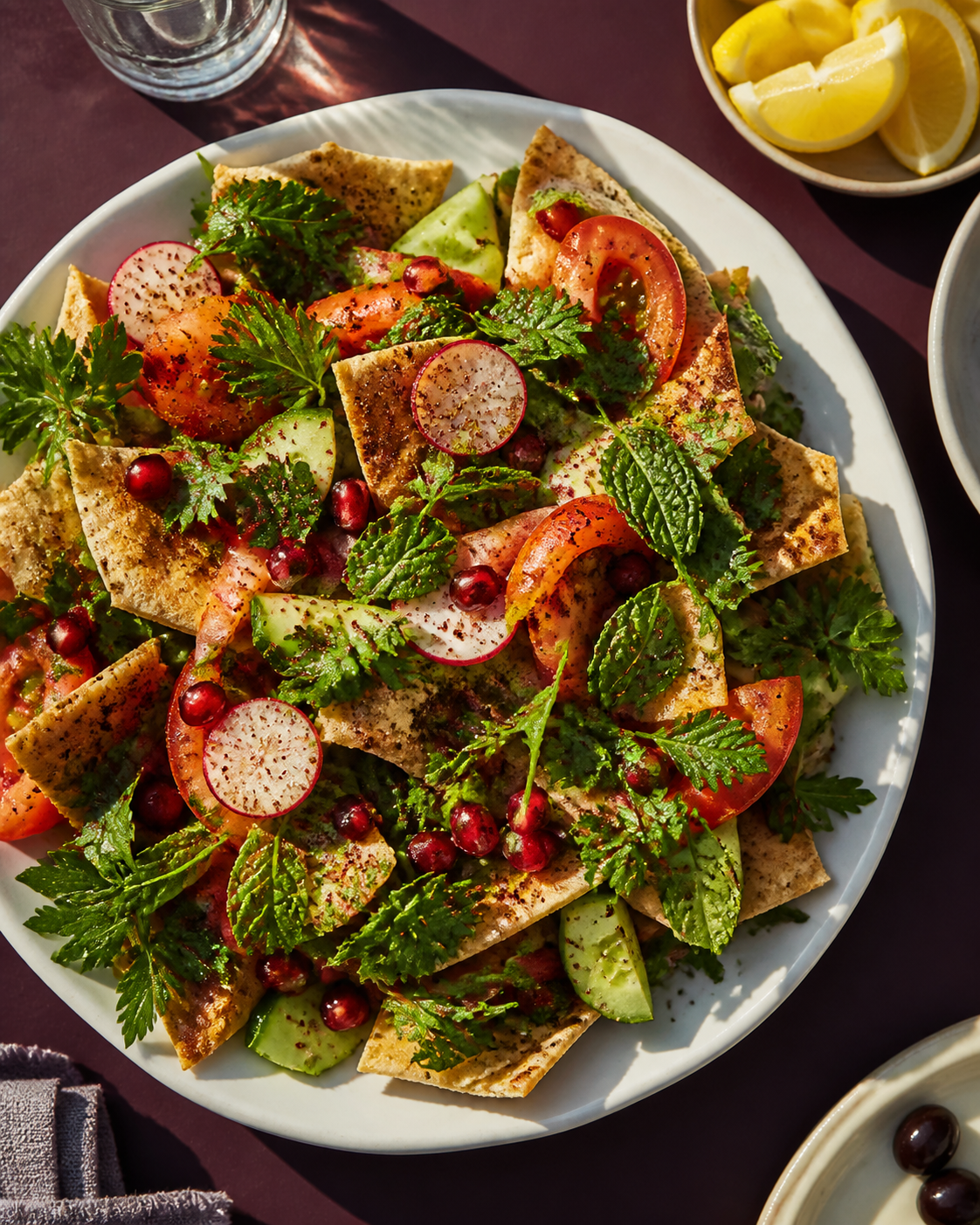 Frischer Fattoush Salat mit Kräutern und geröstetem Fladenbrot